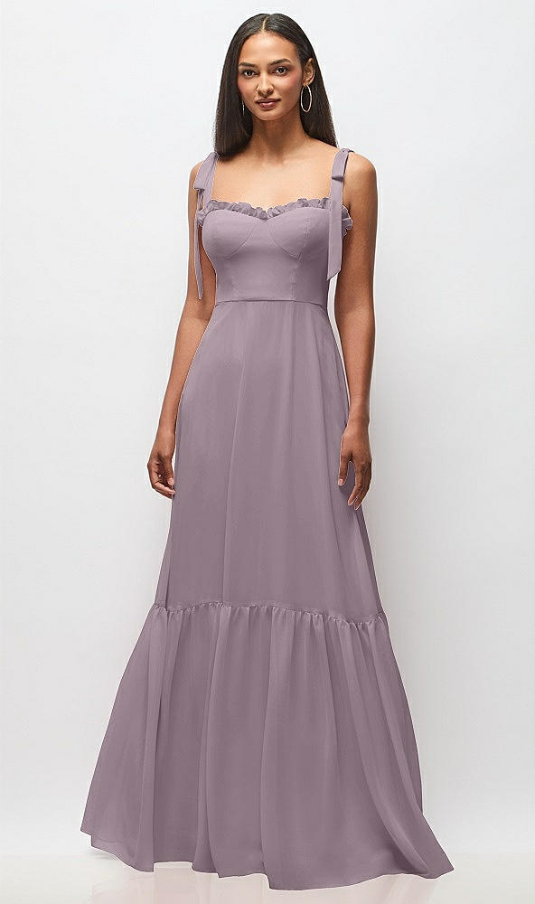 Front View - Lilac Dusk Tie-Shoulder Bustier Bodice Ruffle-Hem Maxi Dress