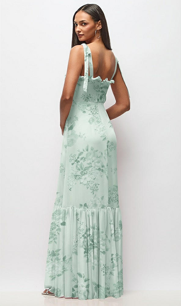 Back View - Mint Green Floral Tie-Shoulder Bustier Bodice Ruffle-Hem Maxi Dress