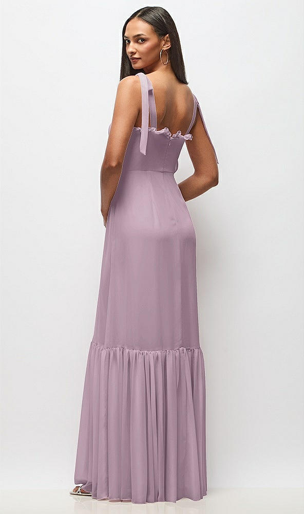 Back View - Suede Rose Tie-Shoulder Bustier Bodice Ruffle-Hem Maxi Dress