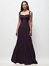 Front View Thumbnail - Aubergine Tie-Shoulder Bustier Bodice Ruffle-Hem Maxi Dress