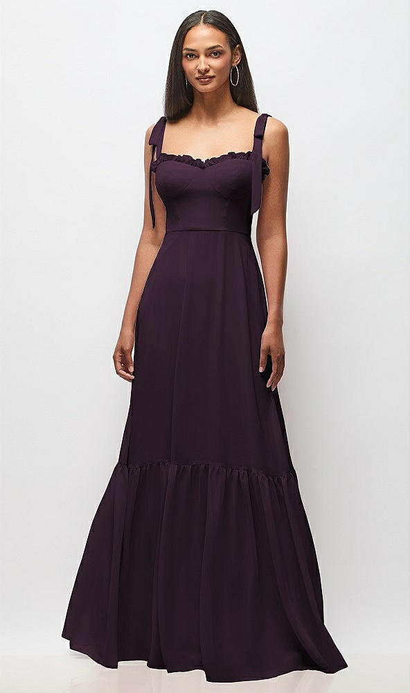 Front View - Aubergine Tie-Shoulder Bustier Bodice Ruffle-Hem Maxi Dress
