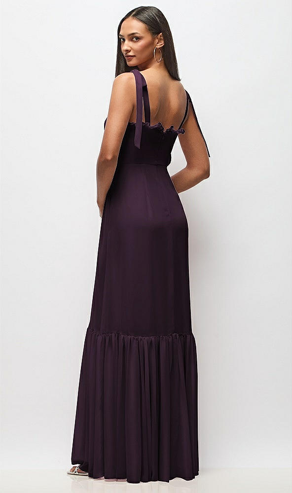 Back View - Aubergine Tie-Shoulder Bustier Bodice Ruffle-Hem Maxi Dress