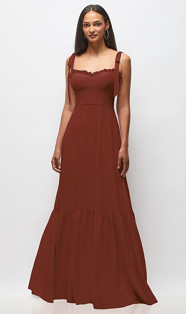 Front View - Auburn Moon Tie-Shoulder Bustier Bodice Ruffle-Hem Maxi Dress