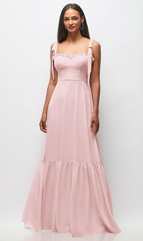 Front View - Ballet Pink Tie-Shoulder Bustier Bodice Ruffle-Hem Maxi Dress