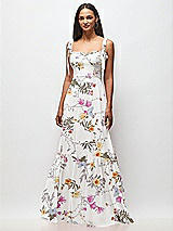 Front View Thumbnail - Butterfly Botanica Ivory Tie-Shoulder Bustier Bodice Ruffle-Hem Maxi Dress