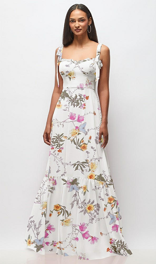 Front View - Butterfly Botanica Ivory Tie-Shoulder Bustier Bodice Ruffle-Hem Maxi Dress