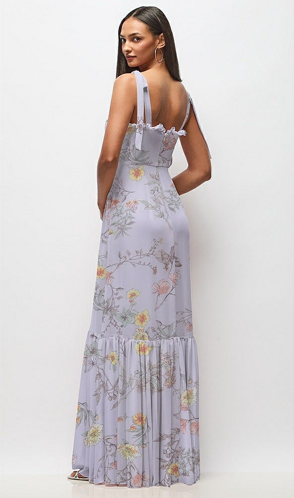 Back View - Butterfly Botanica Silver Dove Tie-Shoulder Bustier Bodice Ruffle-Hem Maxi Dress