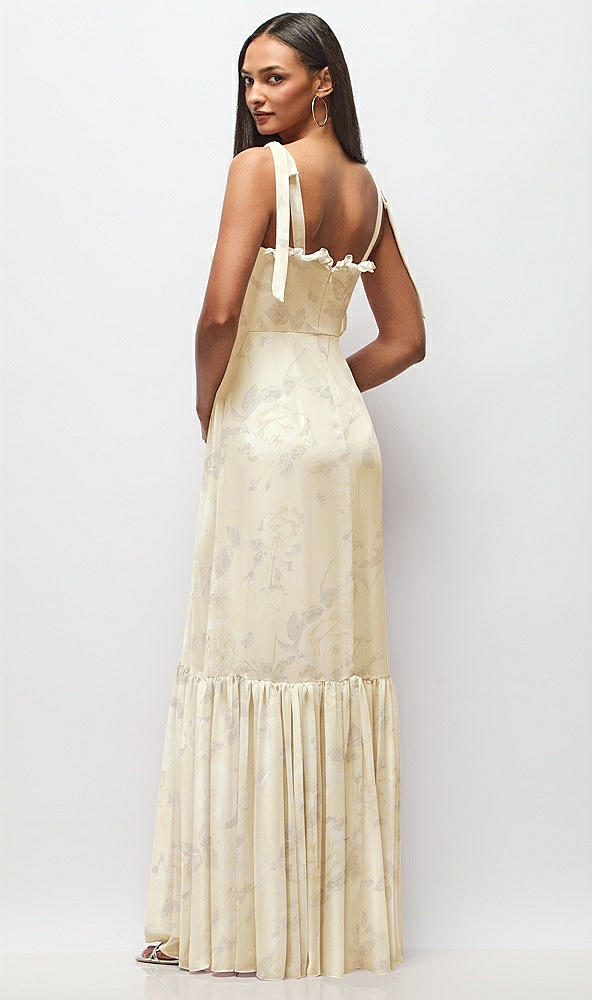 Back View - Butter Yellow Floral Tie-Shoulder Bustier Bodice Ruffle-Hem Maxi Dress
