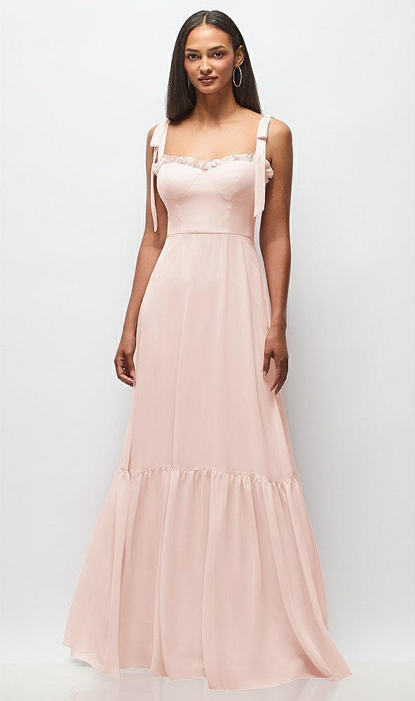 Front View - Blush Tie-Shoulder Bustier Bodice Ruffle-Hem Maxi Dress