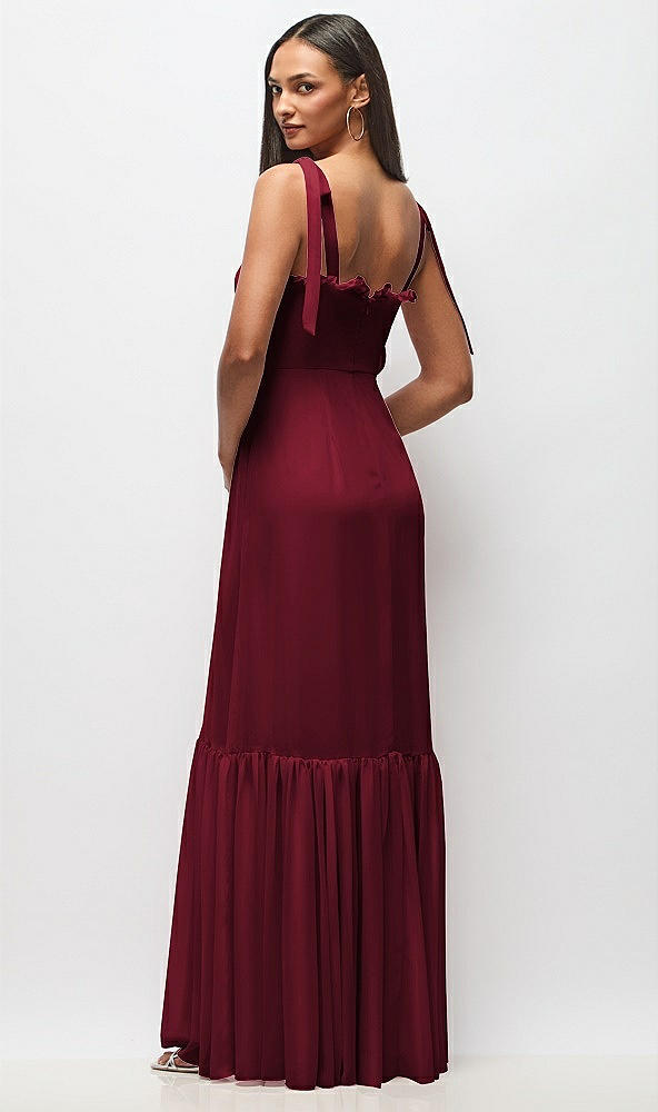 Back View - Burgundy Tie-Shoulder Bustier Bodice Ruffle-Hem Maxi Dress