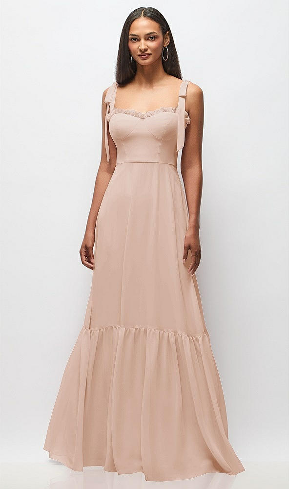 Front View - Cameo Tie-Shoulder Bustier Bodice Ruffle-Hem Maxi Dress