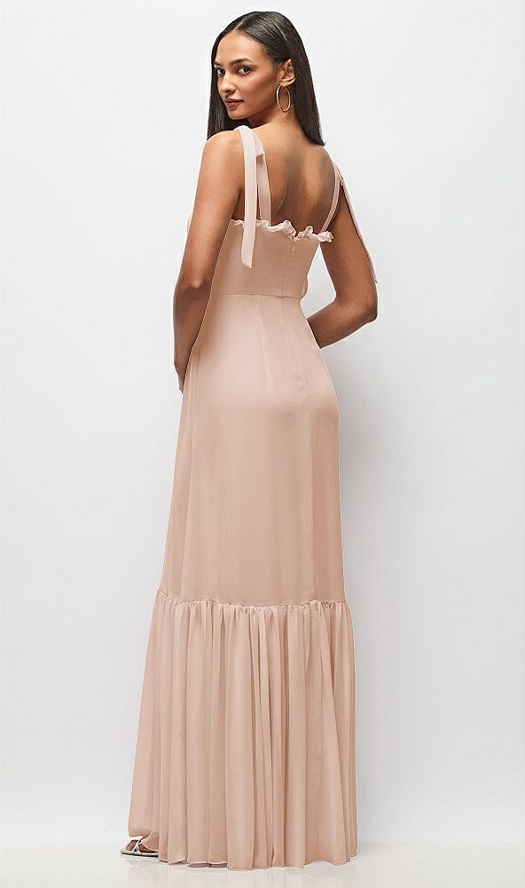 Back View - Cameo Tie-Shoulder Bustier Bodice Ruffle-Hem Maxi Dress