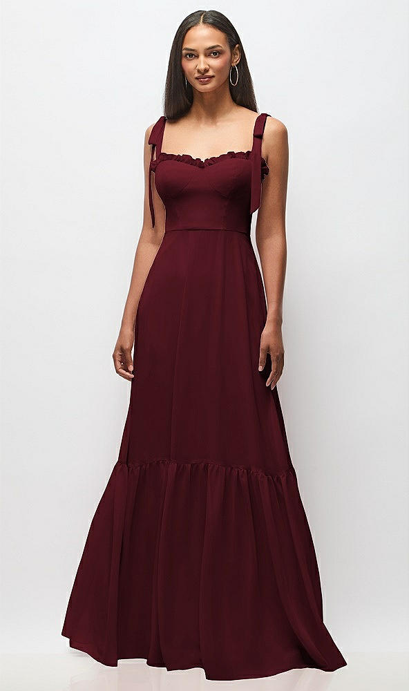 Front View - Cabernet Tie-Shoulder Bustier Bodice Ruffle-Hem Maxi Dress