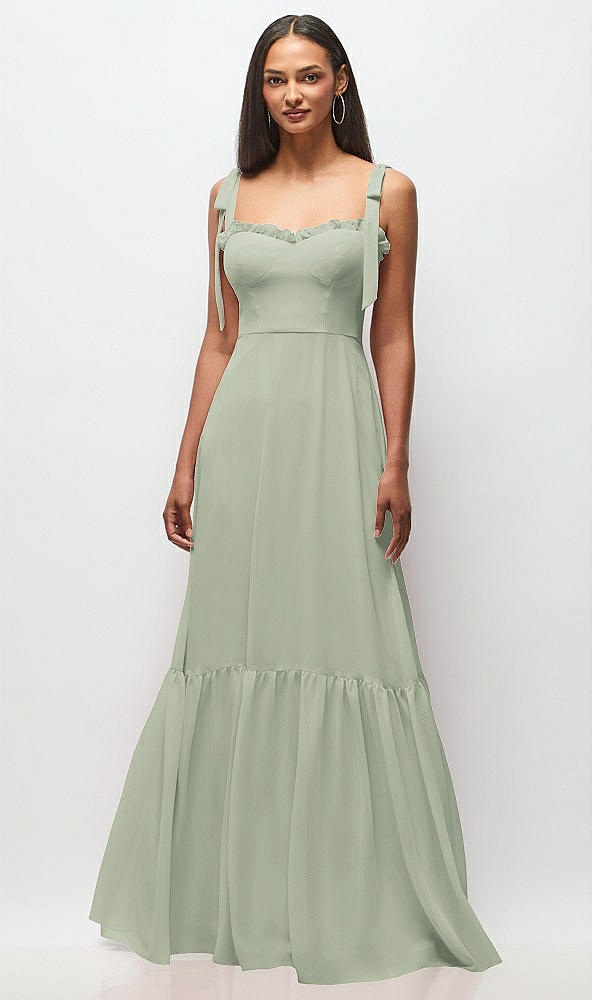 Front View - Celadon Tie-Shoulder Bustier Bodice Ruffle-Hem Maxi Dress