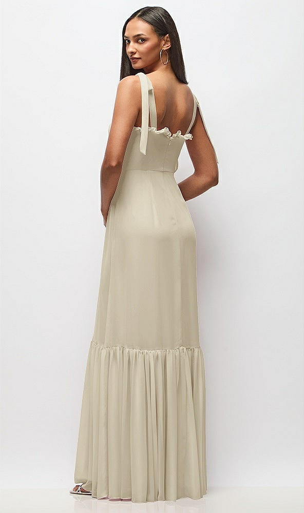 Back View - Champagne Tie-Shoulder Bustier Bodice Ruffle-Hem Maxi Dress