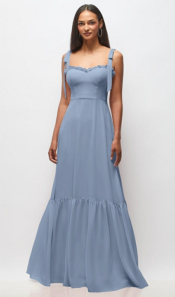 Front View - Cloudy Tie-Shoulder Bustier Bodice Ruffle-Hem Maxi Dress