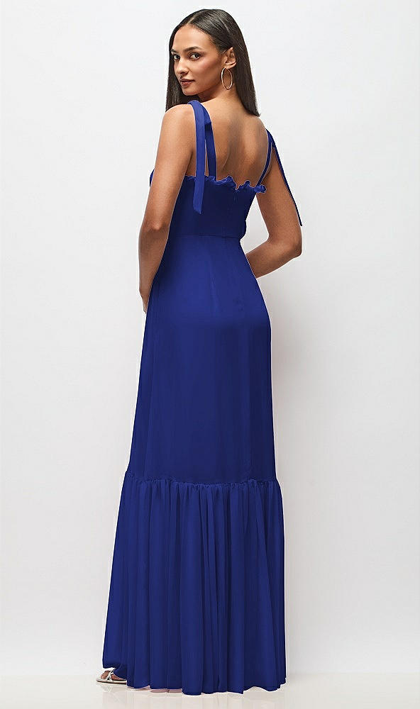 Back View - Cobalt Blue Tie-Shoulder Bustier Bodice Ruffle-Hem Maxi Dress