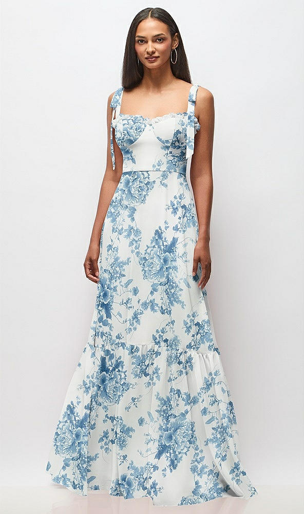 Front View - Cottage Rose Dusk Blue Tie-Shoulder Bustier Bodice Ruffle-Hem Maxi Dress