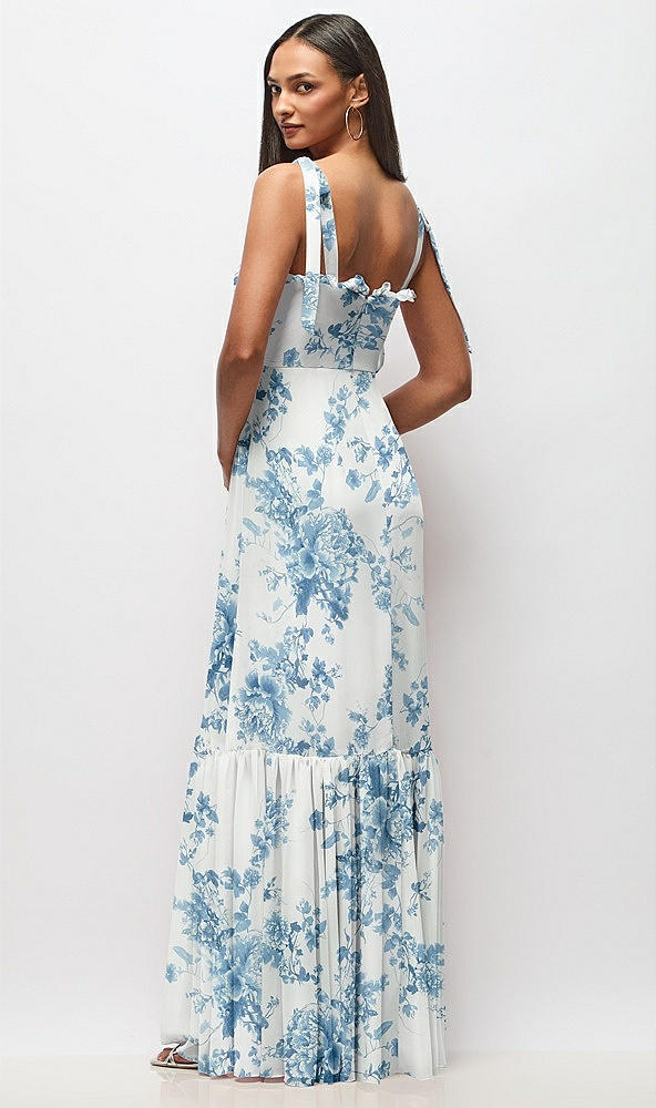Back View - Cottage Rose Dusk Blue Tie-Shoulder Bustier Bodice Ruffle-Hem Maxi Dress