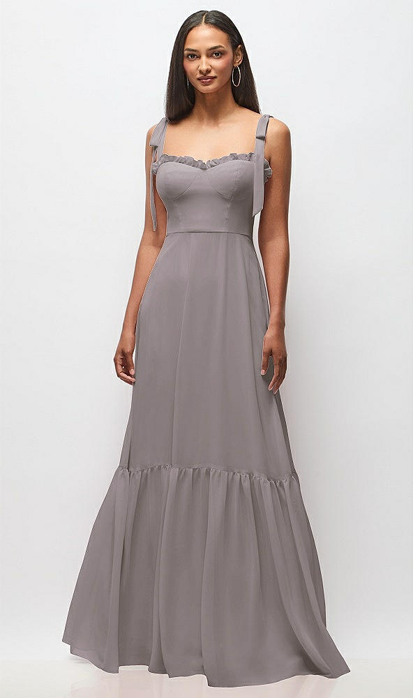 Front View - Cashmere Gray Tie-Shoulder Bustier Bodice Ruffle-Hem Maxi Dress