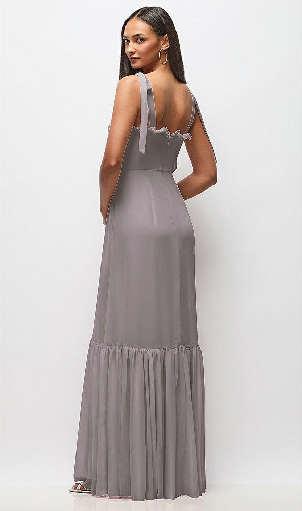 Back View - Cashmere Gray Tie-Shoulder Bustier Bodice Ruffle-Hem Maxi Dress