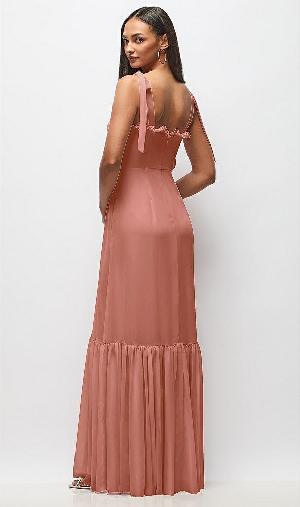 Back View - Desert Rose Tie-Shoulder Bustier Bodice Ruffle-Hem Maxi Dress