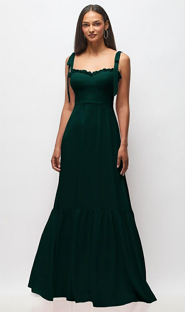 Front View - Evergreen Tie-Shoulder Bustier Bodice Ruffle-Hem Maxi Dress