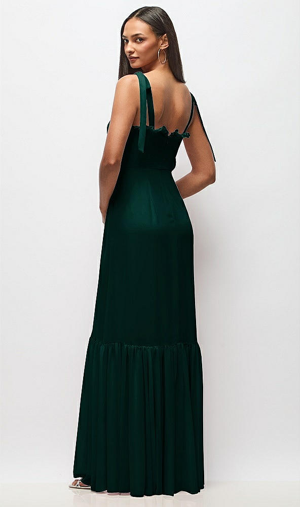 Back View - Evergreen Tie-Shoulder Bustier Bodice Ruffle-Hem Maxi Dress