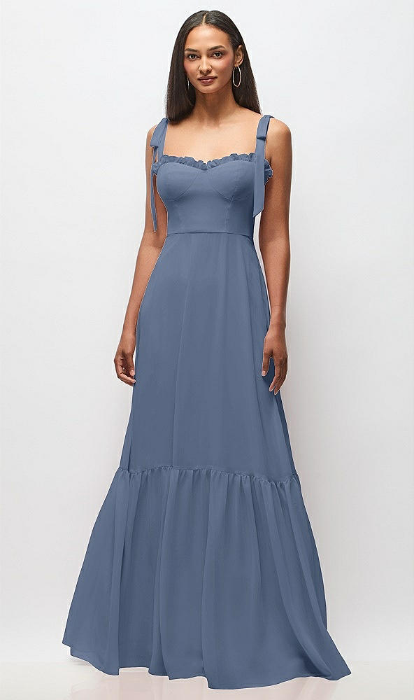 Front View - Larkspur Blue Tie-Shoulder Bustier Bodice Ruffle-Hem Maxi Dress