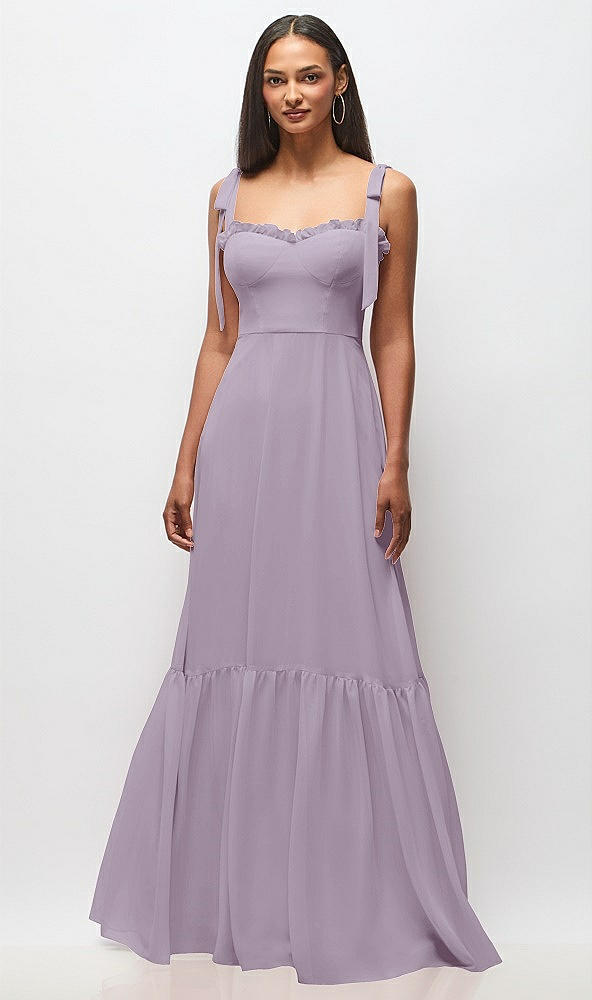 Front View - Lilac Haze Tie-Shoulder Bustier Bodice Ruffle-Hem Maxi Dress