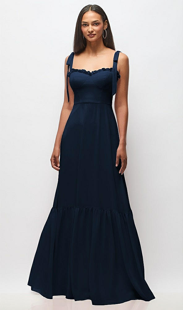 Front View - Midnight Navy Tie-Shoulder Bustier Bodice Ruffle-Hem Maxi Dress