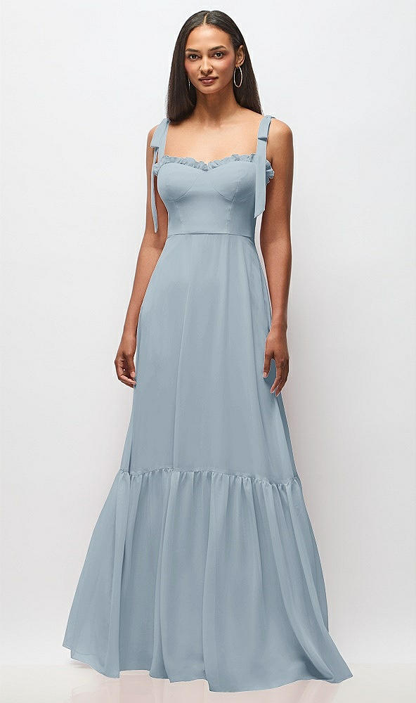 Front View - Mist Tie-Shoulder Bustier Bodice Ruffle-Hem Maxi Dress