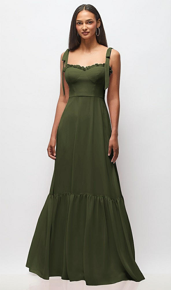 Front View - Olive Green Tie-Shoulder Bustier Bodice Ruffle-Hem Maxi Dress