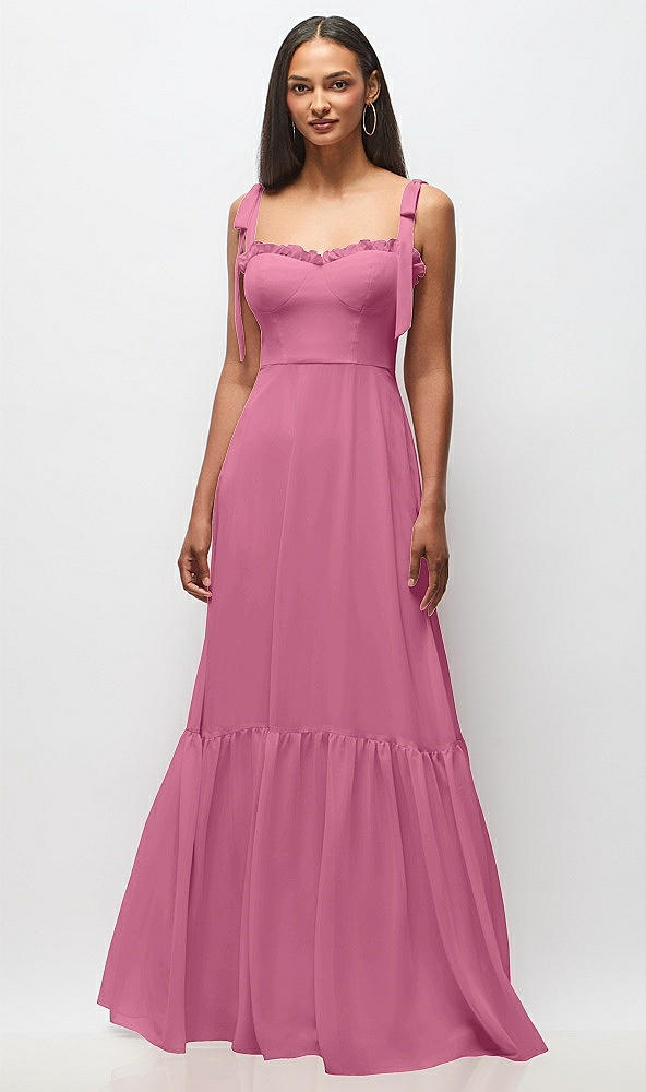 Front View - Orchid Pink Tie-Shoulder Bustier Bodice Ruffle-Hem Maxi Dress