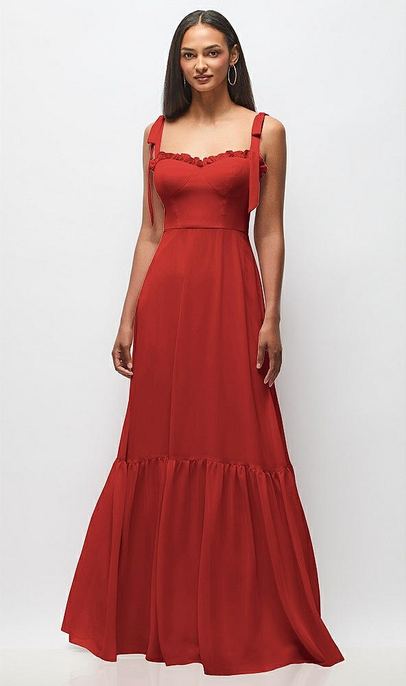 Front View - Poppy Red Tie-Shoulder Bustier Bodice Ruffle-Hem Maxi Dress