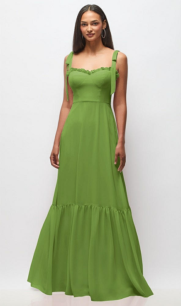 Front View - Peridot Green Tie-Shoulder Bustier Bodice Ruffle-Hem Maxi Dress