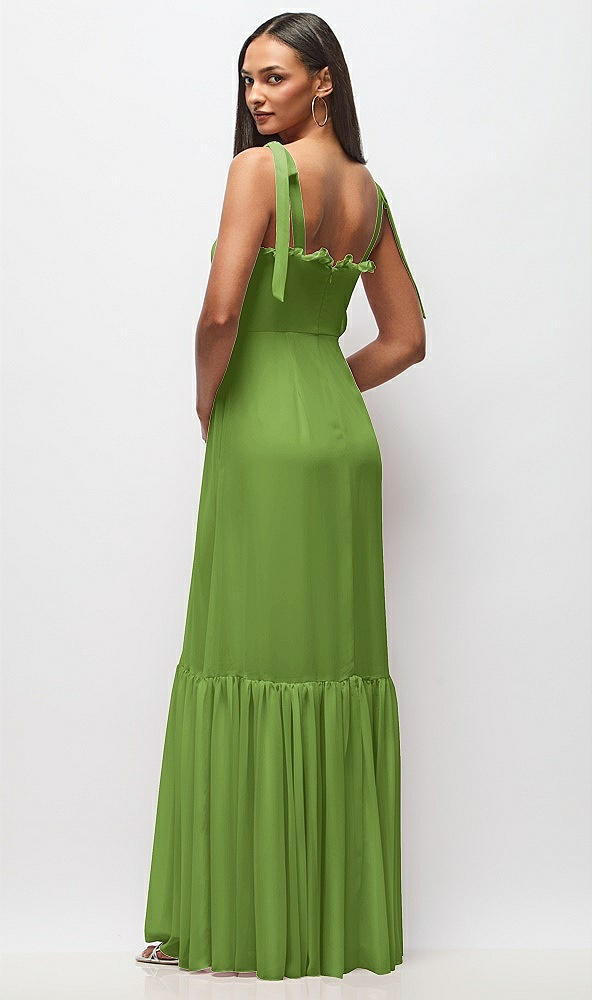 Back View - Peridot Green Tie-Shoulder Bustier Bodice Ruffle-Hem Maxi Dress