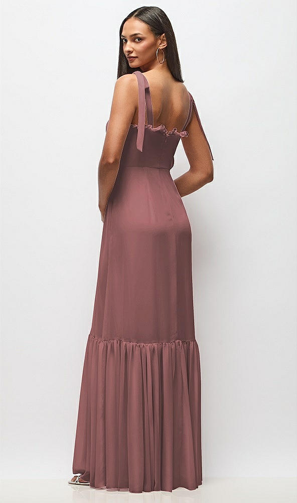 Back View - Rosewood Tie-Shoulder Bustier Bodice Ruffle-Hem Maxi Dress