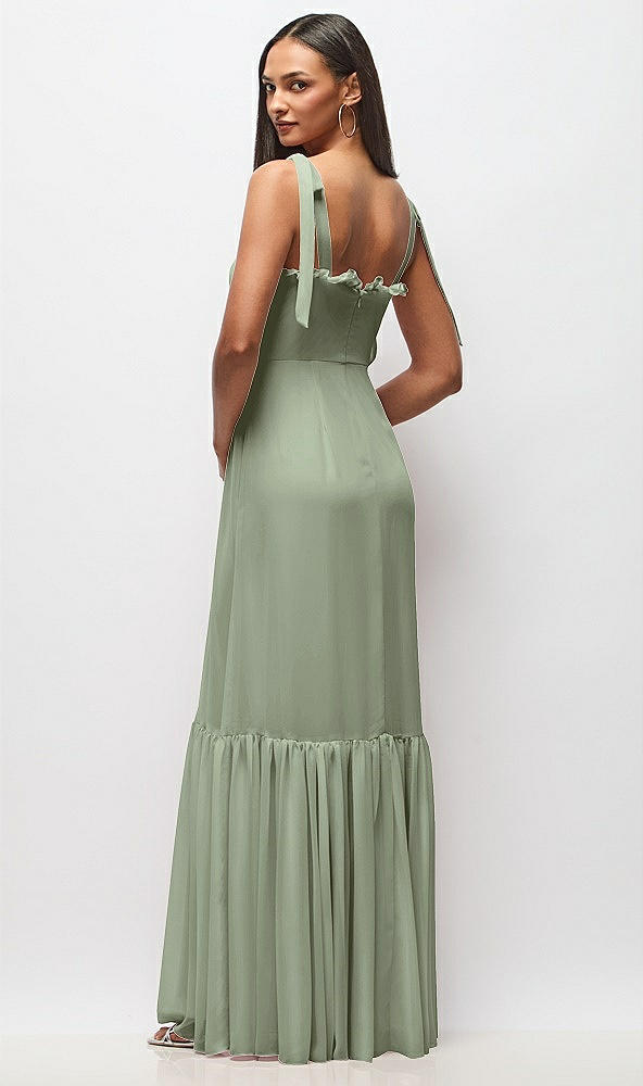 Back View - Sage Tie-Shoulder Bustier Bodice Ruffle-Hem Maxi Dress