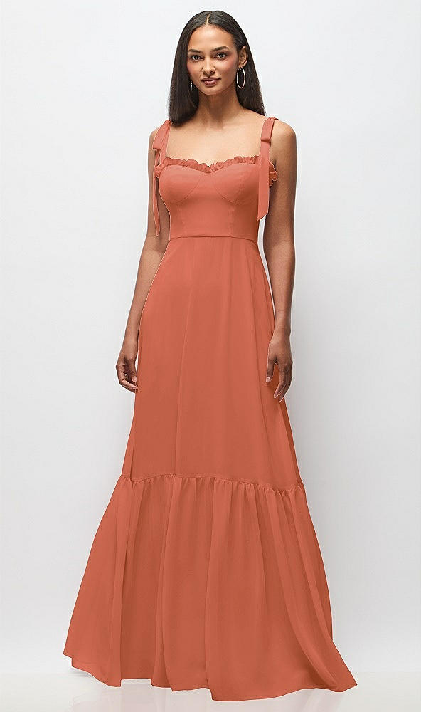 Front View - Terracotta Copper Tie-Shoulder Bustier Bodice Ruffle-Hem Maxi Dress