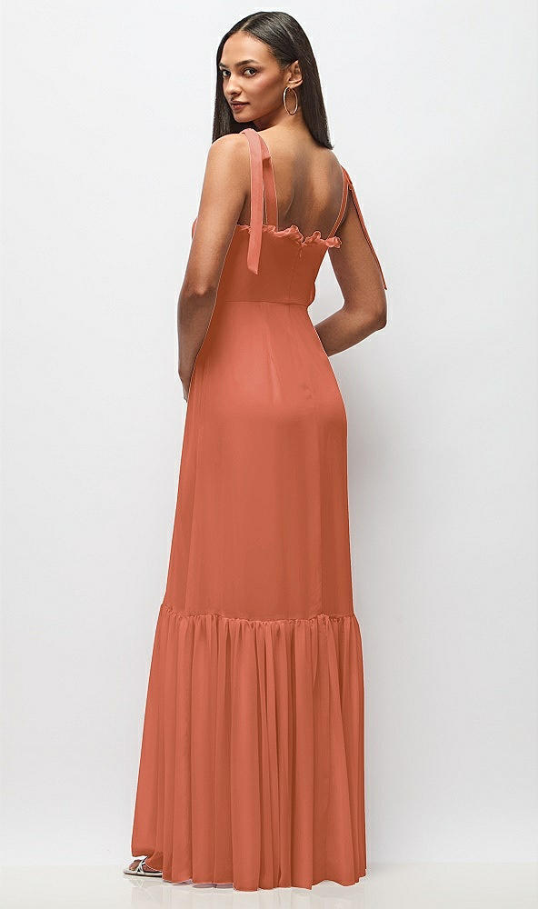 Back View - Terracotta Copper Tie-Shoulder Bustier Bodice Ruffle-Hem Maxi Dress