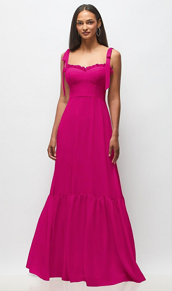 Front View - Think Pink Tie-Shoulder Bustier Bodice Ruffle-Hem Maxi Dress