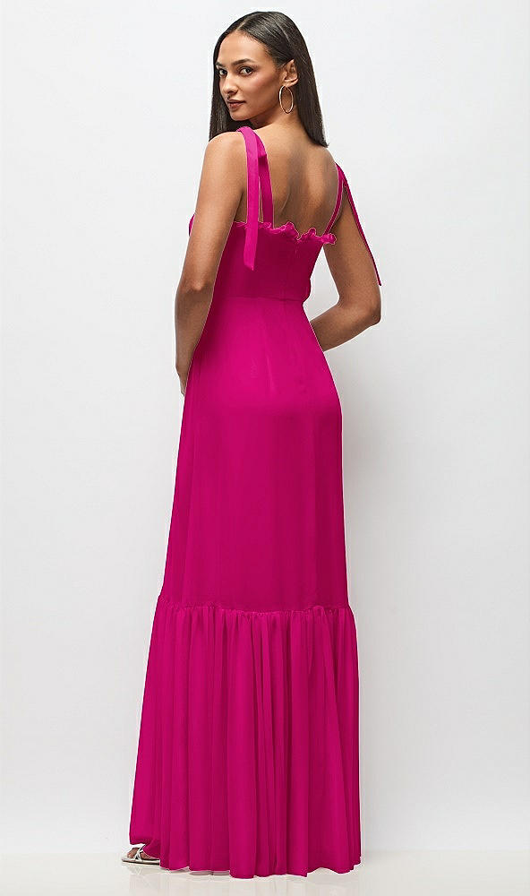 Back View - Think Pink Tie-Shoulder Bustier Bodice Ruffle-Hem Maxi Dress