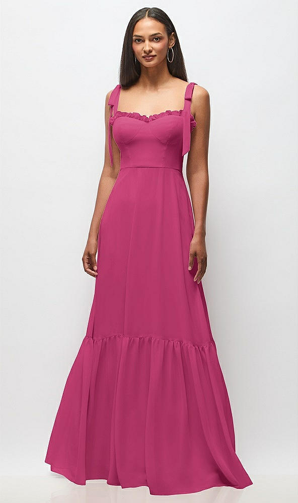 Front View - Tea Rose Tie-Shoulder Bustier Bodice Ruffle-Hem Maxi Dress
