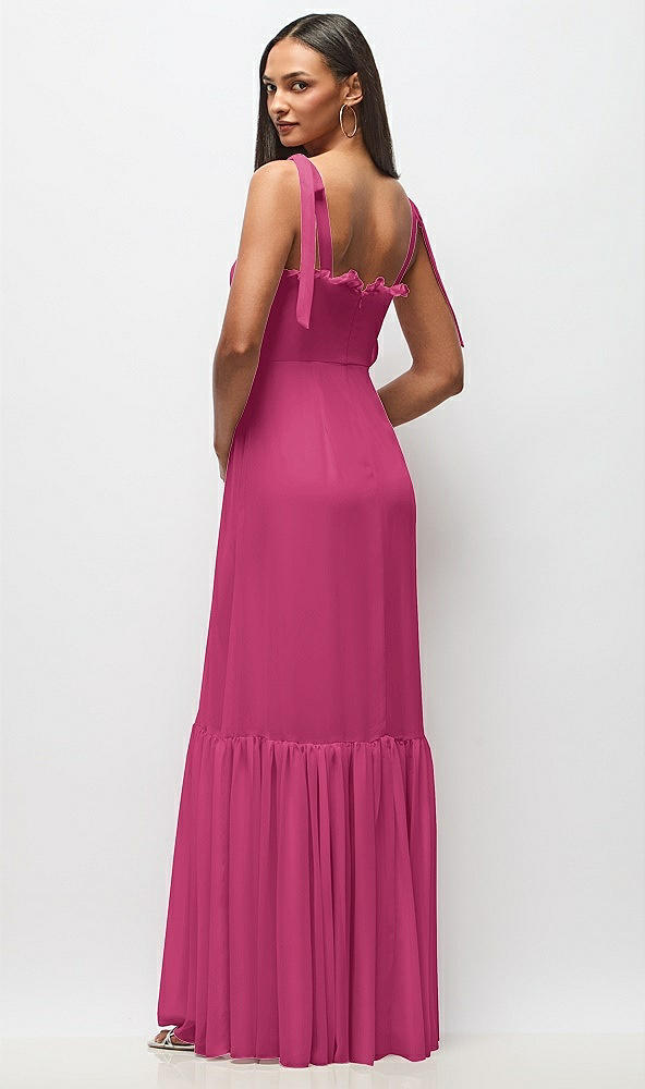 Back View - Tea Rose Tie-Shoulder Bustier Bodice Ruffle-Hem Maxi Dress