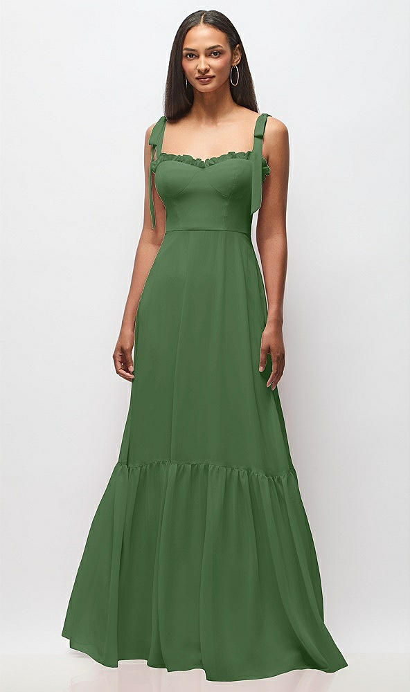 Front View - Vineyard Green Tie-Shoulder Bustier Bodice Ruffle-Hem Maxi Dress