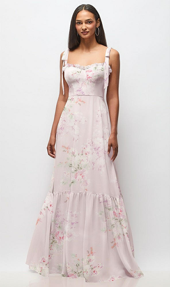 Front View - Watercolor Print Tie-Shoulder Bustier Bodice Ruffle-Hem Maxi Dress