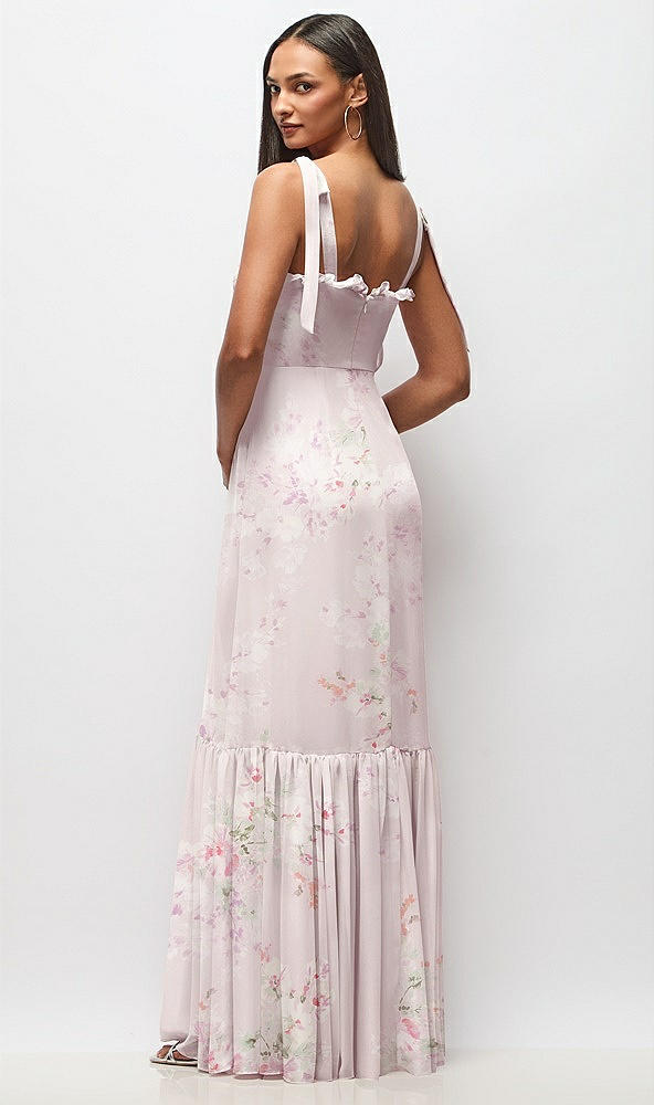 Back View - Watercolor Print Tie-Shoulder Bustier Bodice Ruffle-Hem Maxi Dress