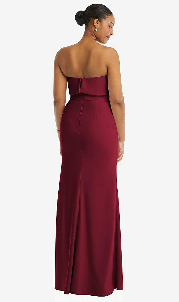 Back View - Burgundy Strapless Overlay Bodice Crepe Maxi Dress with Front Slit