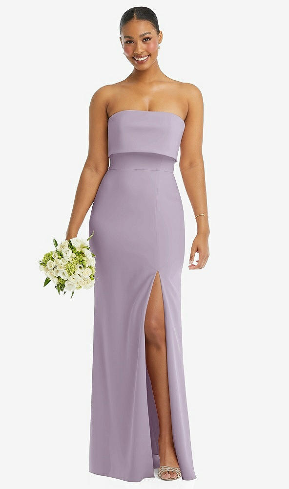Front View - Lilac Haze Strapless Overlay Bodice Crepe Maxi Dress with Front Slit